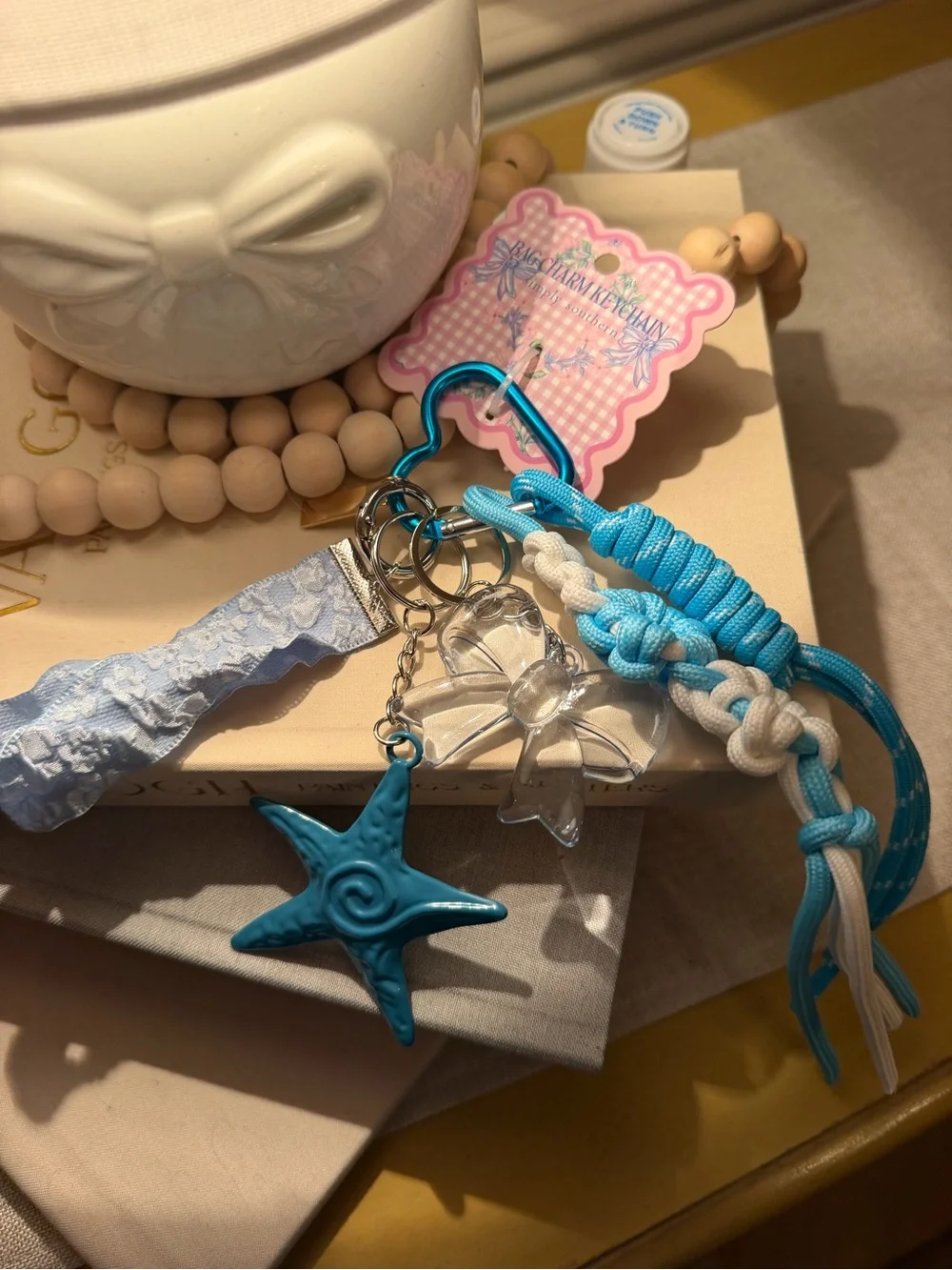 Coastal Beach Keychain Bag Charm | Starfish Bow Wristlet Paracord Blue NWT